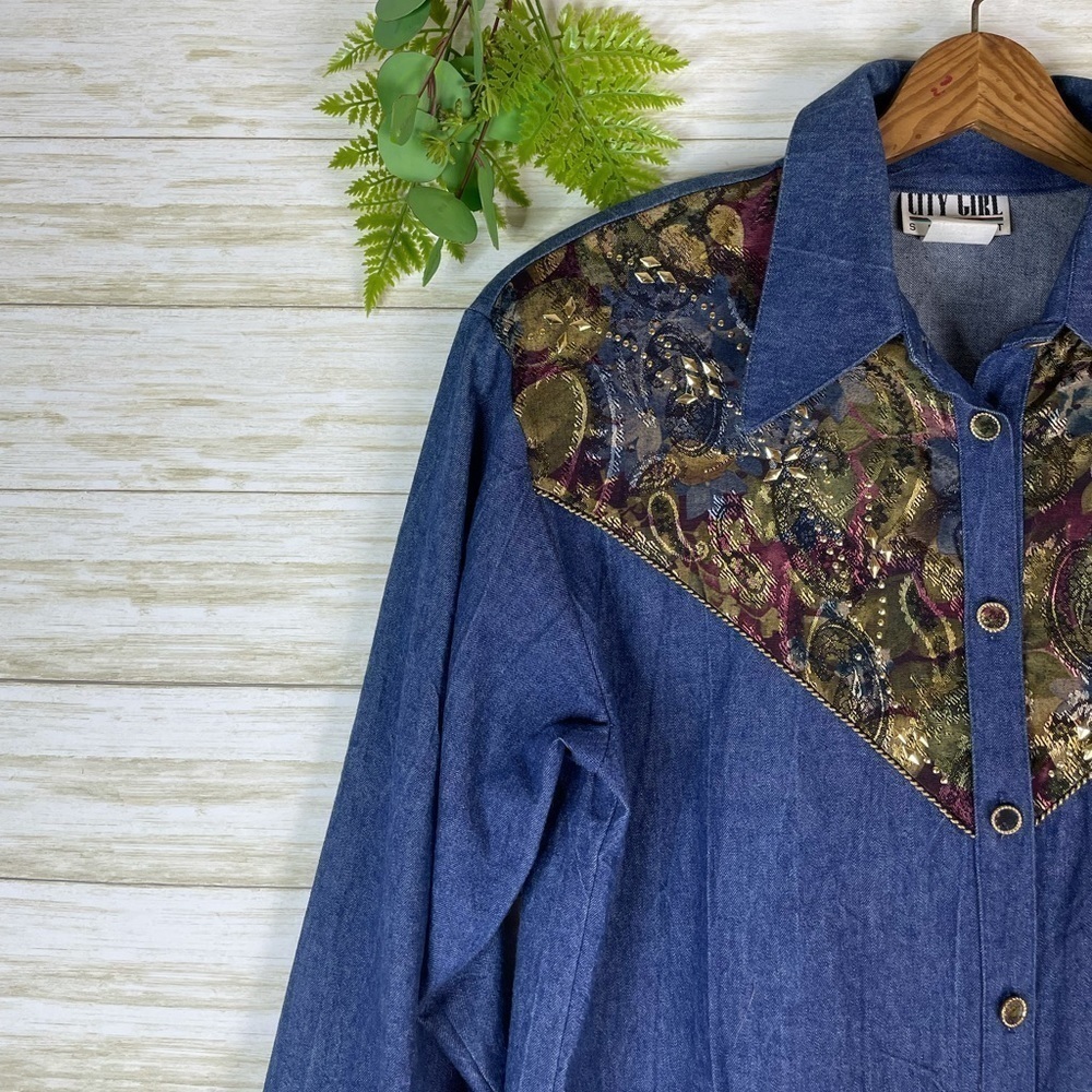 Vintage Denim Tapestry Patchwork Button Shirt - image 5
